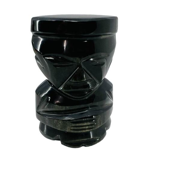 Black Onyx Obsidian Carved Statue Aztec Mayan Stone Figurines Tiki Idol - Picture 7 of 7